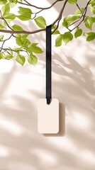 A blank, light-colored tag hangs from a dark ribbon attached to a tree branch with vibrant green leaves.