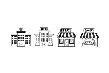 Hand-drawn building icons: hospital, office, retail, bakery