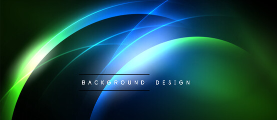 Abstract glowing curves, vibrant blues, greens dominate dark background. Modern design elements create dynamic visual effect.