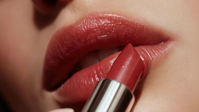 Close-up of glossy red lipstick being applied to lips.