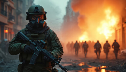 Fototapeta premium Soldier holds rifle in destroyed city. Masked person stands guard among armed men. Man in helmet looks ahead in war zone with fire and smoke. Military patrol in combat.