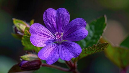Close Up Macro Shot Of A Vibrant Purple Flower With Dew Drops In The Morning Sunlight With Green Leaves In The Background