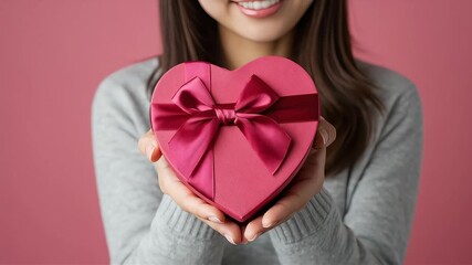 口元に笑顔を浮かべた女性が赤いリボン付きのプレゼントを捧げる