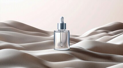 A clear glass dropper bottle with a silver cap sits on undulating sand dunes, suggesting a cosmetic or skincare product.