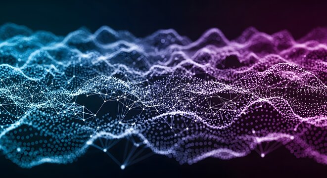 Abstract network with connected dots and lines in blue and purple on a dark background - Powered by Adobe