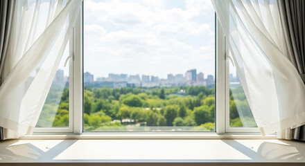 View from an open window with flowing curtains looking out onto a green park and a blurred city skyline on a sunny day