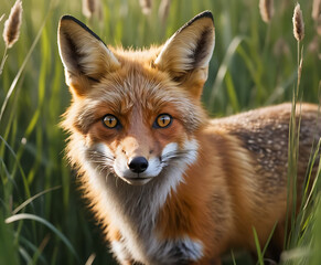 Fototapeta premium Red fox cub resting in the grassy wild nature