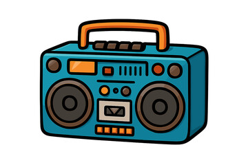 Classic retro blue boombox with orange handle and speakers isolated on a clean white background