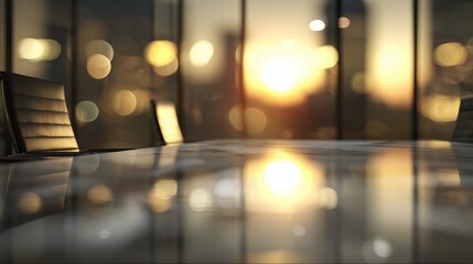 A modern meeting room features sleek black chairs and a polished table reflecting the sunset. The sunset light creates a warm ambiance in the meeting room, enhancing the atmosphere