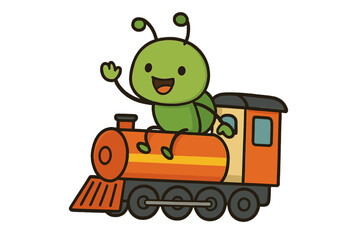Adorable green cartoon insect character riding happily on a colorful orange steam train locomotive engine