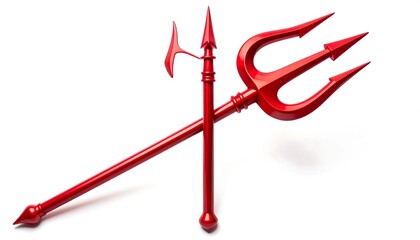 Two crossed red tridents with metallic finish on white background