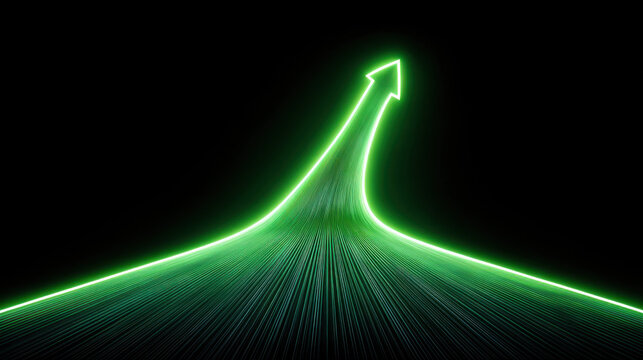 Economic recovery background with optimistic upward green arrow glowing on black, symbolizing growth and success in business