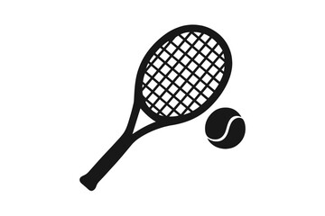 Minimalist black silhouette of a tennis racket and a tennis ball ready for a match
