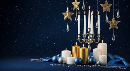 Photo of elegant candelabra with white and gold candles, illuminated against a dark blue background with sparkling stars and festive ornaments, creating a magical holiday atmosphere