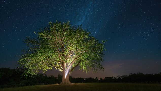 Stars and trees illuminated by a beam of light, seasonal change - Powered by Adobe