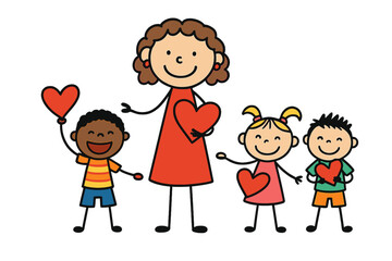 Happy adult figure and diverse children holding red hearts in a simple doodle style