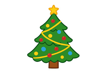 Festive cartoon Christmas tree decorated with colorful ornaments and a yellow star on top