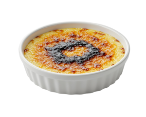 Creme Brulee Dessert in White Ramekin with Torched Sugar Top custard isolated on a transparent background