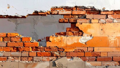 Close up of a crumbling brick wall with exposed orange and red bricks and rough textured concrete showing damage and decay in daylight