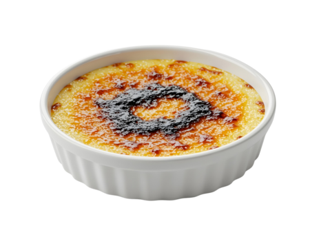 Creme Brulee Dessert in White Ramekin with Torched Sugar Top custard isolated on a transparent background