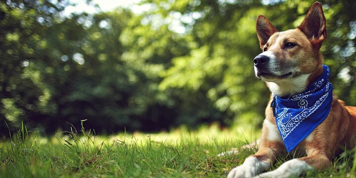 Happy dog relaxing on green grass with blue bandana in sunny nature setting, enjoying warm weather and vibrant outdoor scenery, pet friendly and playful vibe