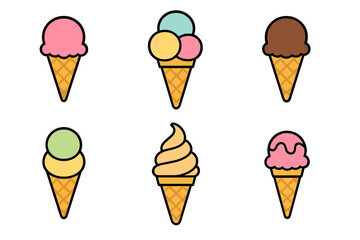 Collection of six colorful scoops and soft serve frozen dessert cones representing various popular flavors