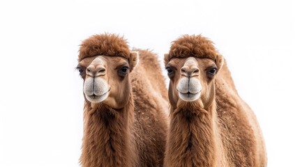 Camel standing against a white backdrop, focus on animal anatomy