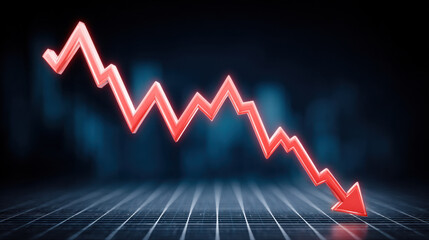 Obraz premium Red glowing arrow graph showing economic decline with falling indicators on dark background, symbolizing financial crisis and market drop