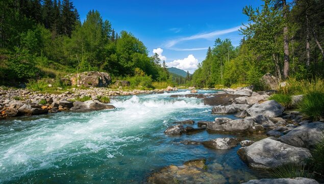 Scenic landscape featuring a mountain river under summer sunlight, highlighting the rapid flow of water and rocky terrain