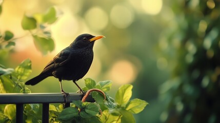 A black bird stands on a railing, holding a worm in its beak, surrounded by lush green leaves and soft sunlight. The black bird keeps a watchful eye on its surroundings while enjoy