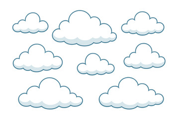 Fluffy white cartoon clouds with blue outlines isolated on a white background