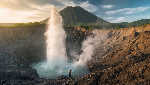 Sulfur mine fountain emanating from a volcano, highlighting erosion risk