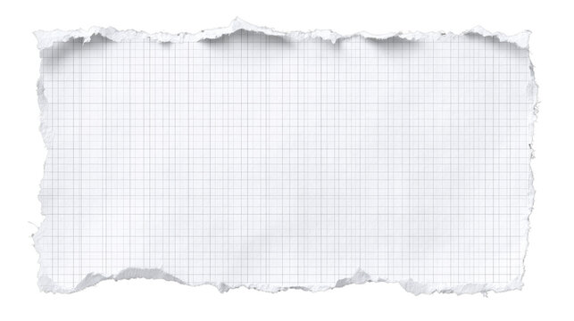 Single piece of blank squared paper with torn edges featuring clean grid design ideal for writing, sketching, planning and study concepts isolated on white background
