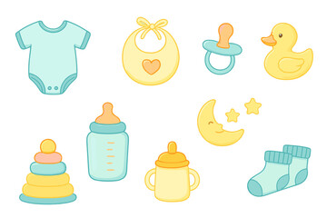 Cute collection of essential newborn items including a bodysuit, bib, pacifier, and rubber duck toy