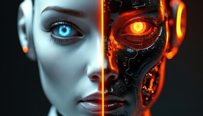 Split face portrait of android and human. One side is organic face with blue eye, other side is robotic with orange glowing eye and circuits. Concept of AI and humanity.