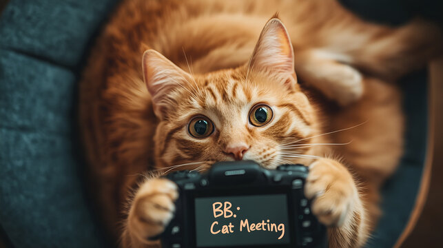 Adorable ginger cat holding a camera ready for a fun cat meeting photoshoot, a playful and quirky pet concept with a humorous twist for social media