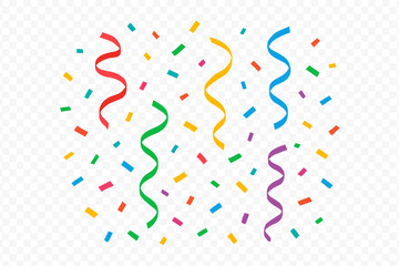 Brightly colored falling confetti pieces and swirling serpentine ribbons for party backgrounds and festive events