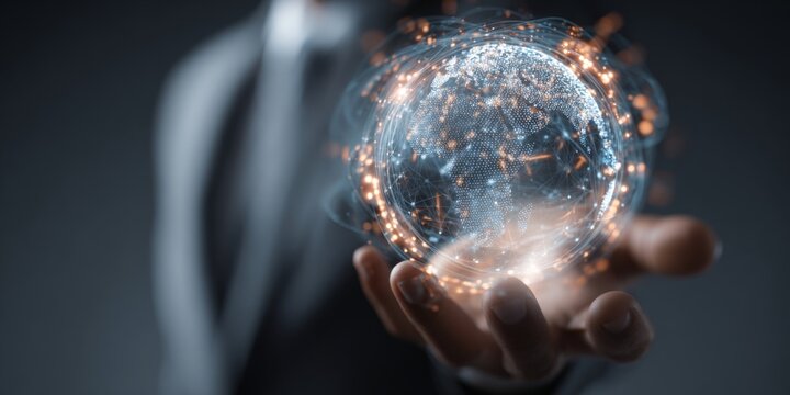 Businessman Holding Digital Globe with Light Effects in a Dark Background Representing Global Connectivity and Technology Innovation
