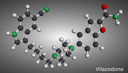 Vilazodone molecule, SERT inhibitor and 5-HT1A receptor partial agonist, antidepressant drug. Molecular model. 3D rendering. Illustration