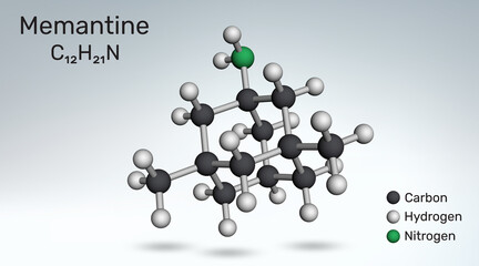 Memantine molecule, NMDA receptor antagonist. Molecular model. 3D rendering. Illustration