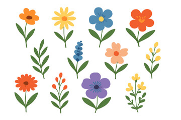 Colorful set of various spring and summer flowers with green leaves isolated on a white background