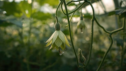 Gentle blur emphasizes cucumber blossoms and developing fruits inside a natural greenhouse environment.
