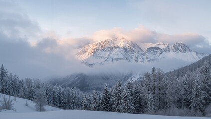 Snow-covered mountain summits in a tranquil alpine landscape, seasonal change