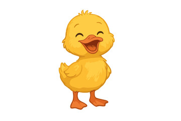 Cute yellow baby duckling standing and laughing with open beak isolated on white