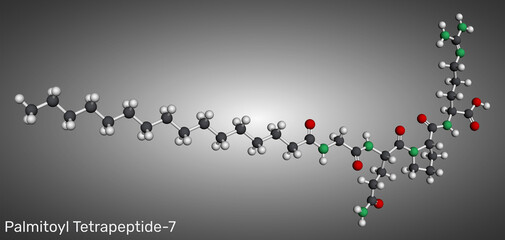 Palmitoyl tripeptide-1, palmitoyl GHK molecule. Anti-aging cosmetic peptide. Molecular model. 3D rendering. Illustration