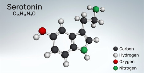 3D molecular model of serotonin neurotransmitter. Molecular model. 3D rendering. Illustration