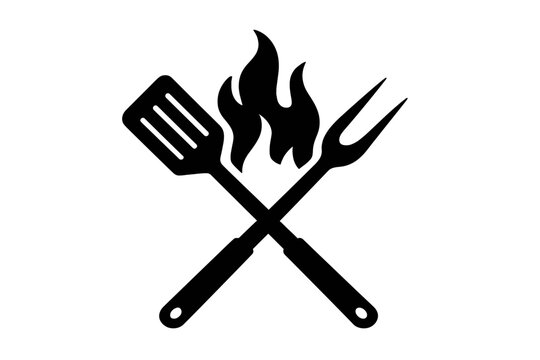Black silhouette of crossed barbecue spatula and meat fork with rising flames