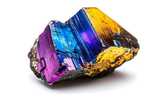 Iridescent peacock ore mineral with blue, purple, and gold hues on white background
