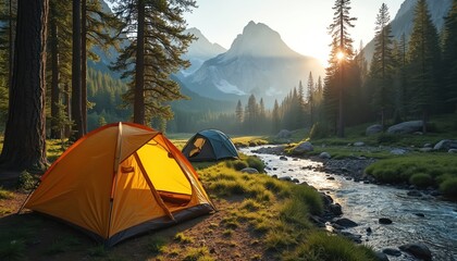 Tents at campground in mountain valley at sunrise. Orange campsite by river stream in pine tree forest. Outdoor travel vacation in summer wilderness. Idyllic landscape with no people for weekend
