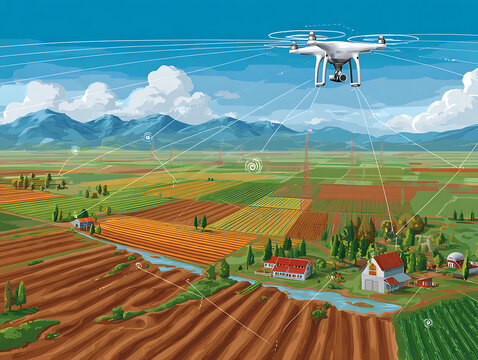 Drone surveying farmland for precision agriculture, monitoring crops with advanced technology, offering insights for efficient farming and sustainable solutions